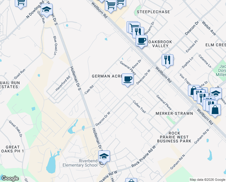map of restaurants, bars, coffee shops, grocery stores, and more near 4293 Commando Trail in College Station