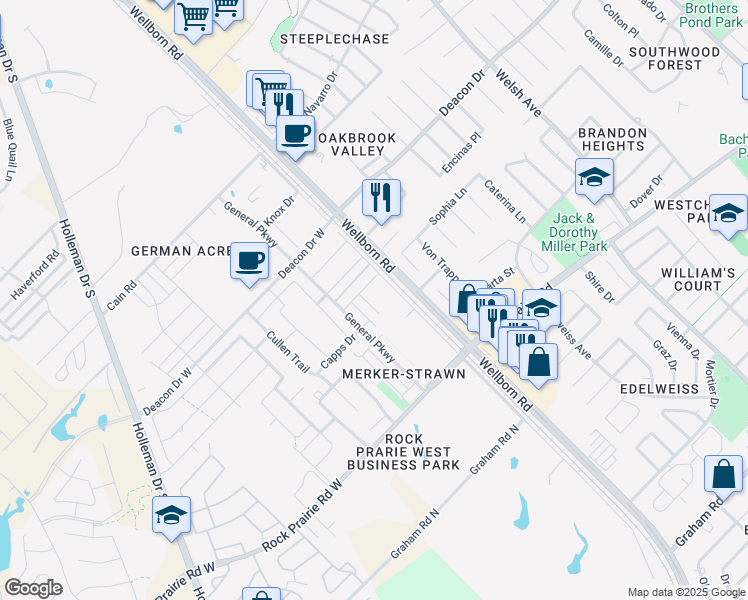 map of restaurants, bars, coffee shops, grocery stores, and more near 3309 Wakewell Court in College Station