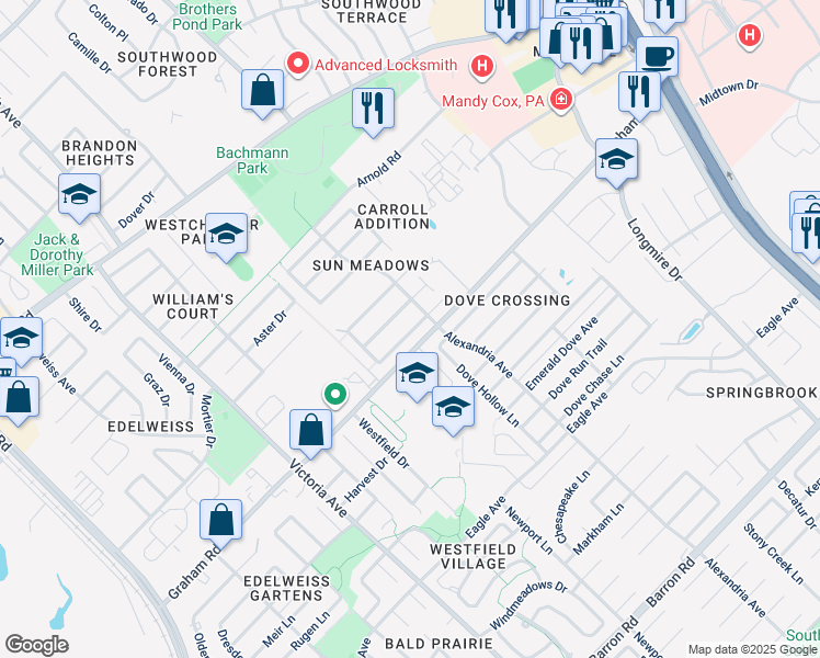 map of restaurants, bars, coffee shops, grocery stores, and more near 935 Sun Meadows Street in College Station