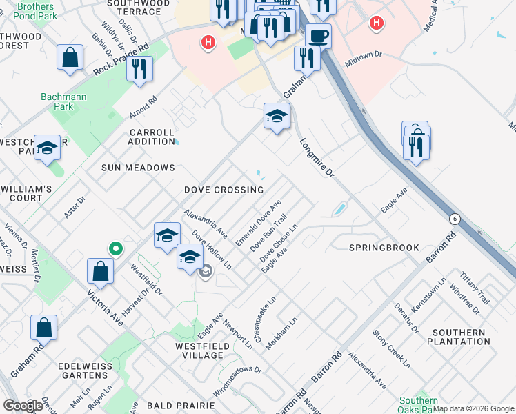 map of restaurants, bars, coffee shops, grocery stores, and more near 928 Dove Landing Avenue in College Station