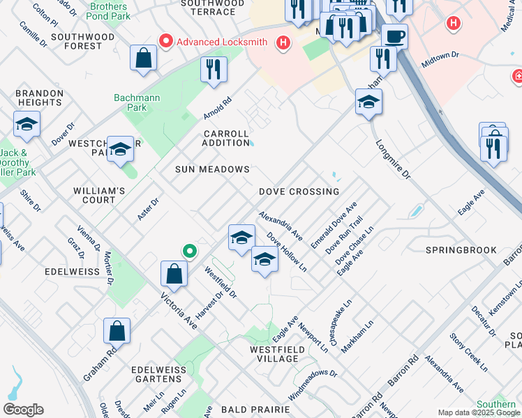map of restaurants, bars, coffee shops, grocery stores, and more near 901 Whitewing Lane in College Station