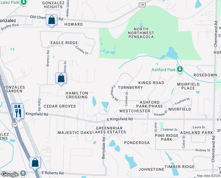 map of restaurants, bars, coffee shops, grocery stores, and more near 453 Turnberry Road in Cantonment