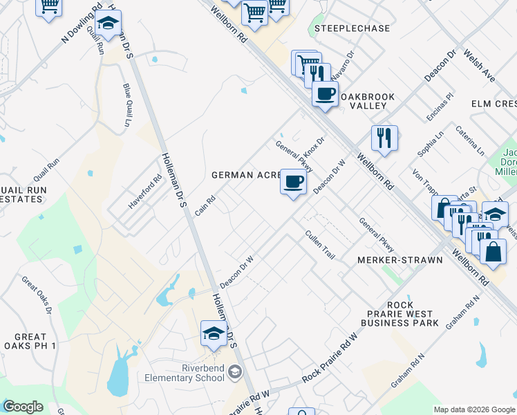 map of restaurants, bars, coffee shops, grocery stores, and more near 4293 Commando Trail in College Station