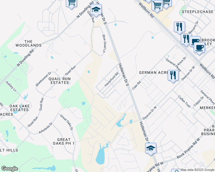 map of restaurants, bars, coffee shops, grocery stores, and more near 3605 Haverford Road in College Station