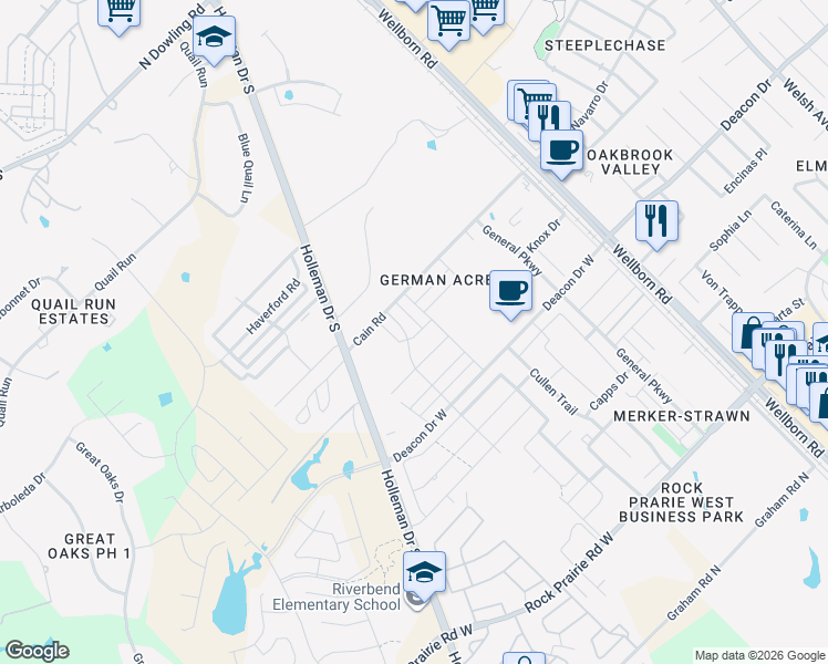 map of restaurants, bars, coffee shops, grocery stores, and more near 3025 Towers Parkway in College Station