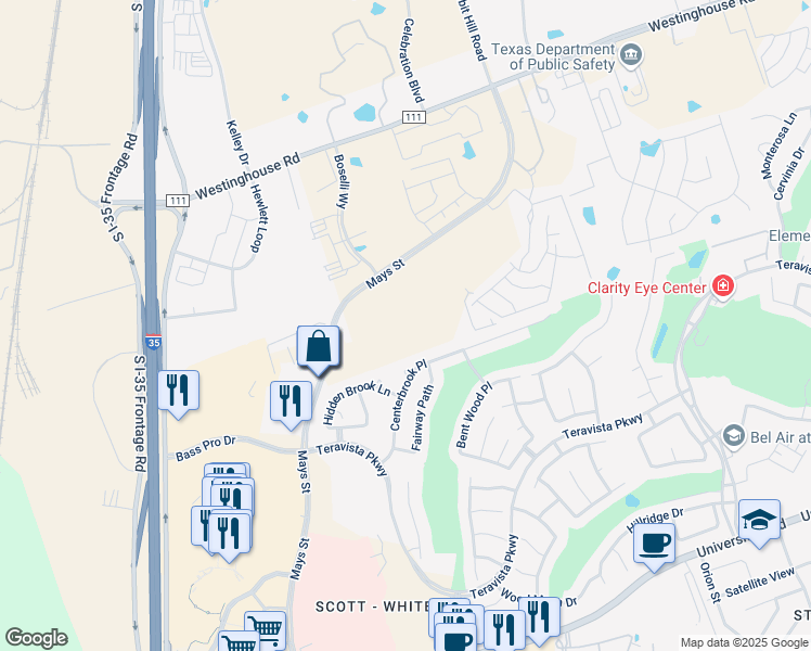 map of restaurants, bars, coffee shops, grocery stores, and more near 544 Centerbrook Place in Round Rock