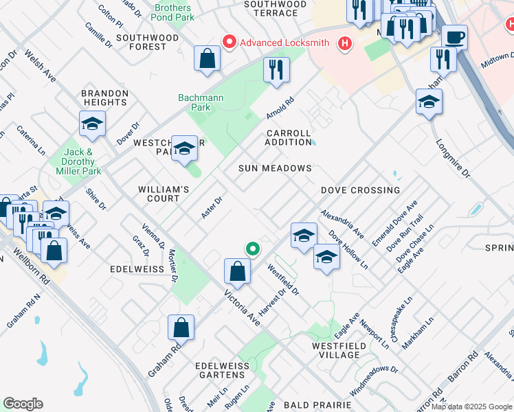 map of restaurants, bars, coffee shops, grocery stores, and more near 901 Willow Pond Street in College Station