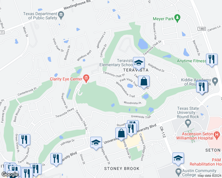 map of restaurants, bars, coffee shops, grocery stores, and more near 1609 Greenside Drive in Round Rock