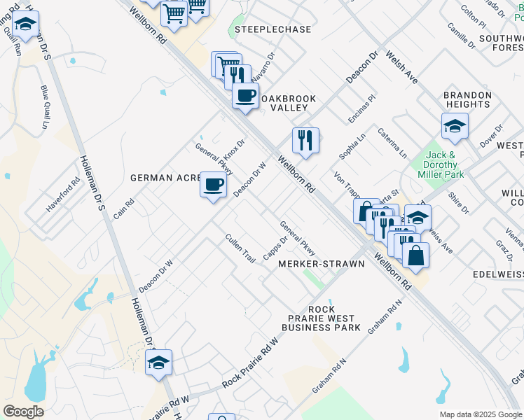 map of restaurants, bars, coffee shops, grocery stores, and more near 3214 Travis Cole Avenue in College Station