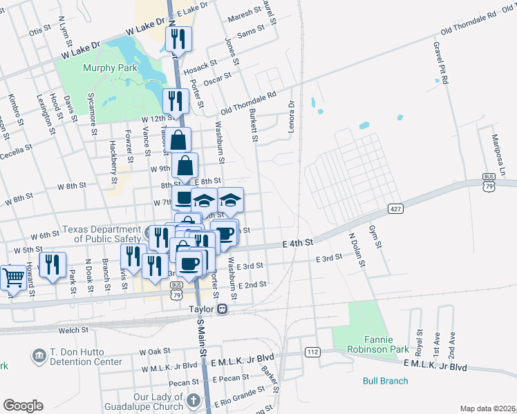 map of restaurants, bars, coffee shops, grocery stores, and more near 424 East 6th Street in Taylor