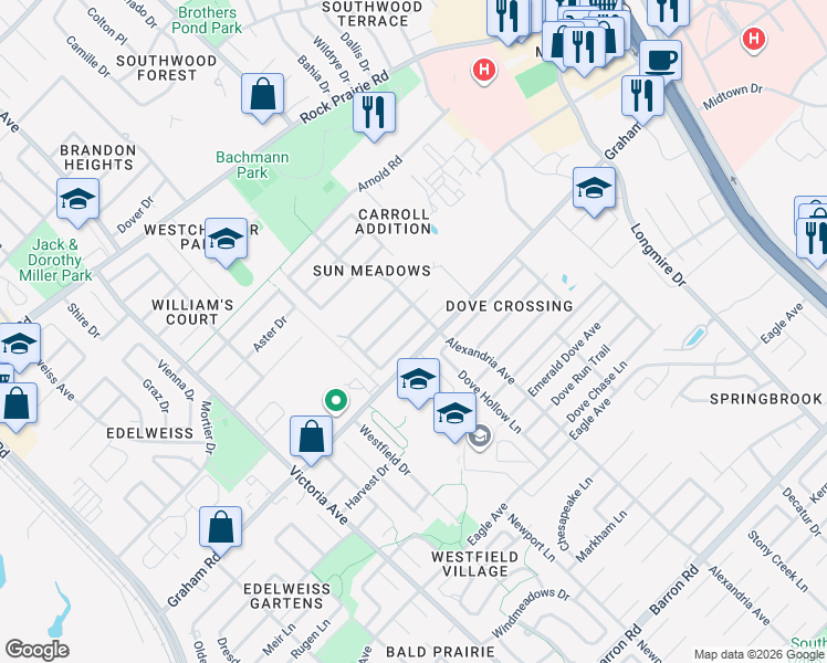 map of restaurants, bars, coffee shops, grocery stores, and more near 935 Sun Meadows Street in College Station