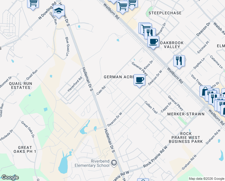 map of restaurants, bars, coffee shops, grocery stores, and more near 3131-3237 Cain Rd in College Station