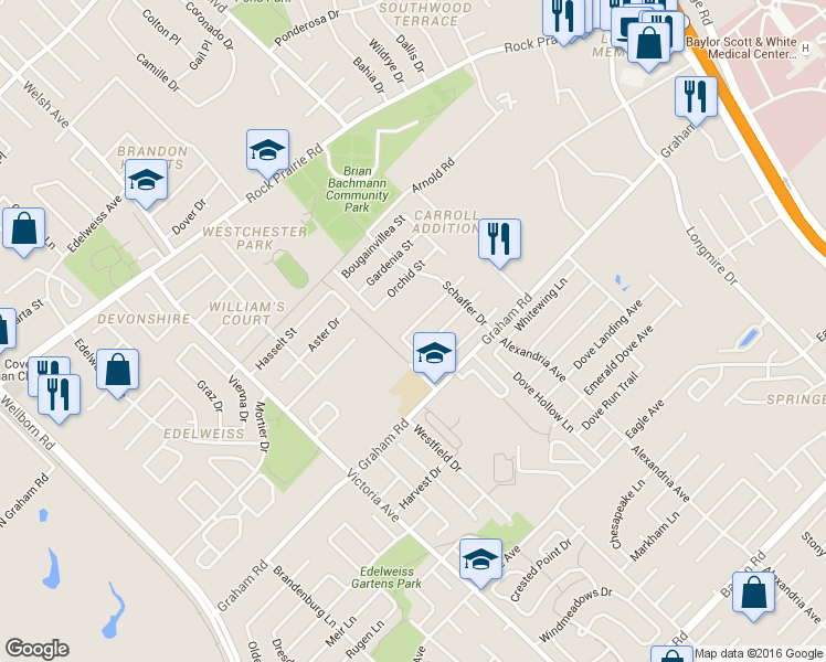 map of restaurants, bars, coffee shops, grocery stores, and more near 923 Willow Pond Street in College Station