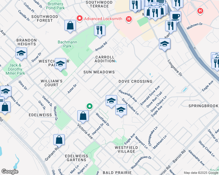 map of restaurants, bars, coffee shops, grocery stores, and more near 935 Sun Meadows Street in College Station