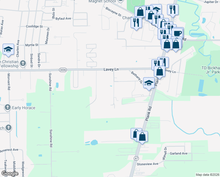 map of restaurants, bars, coffee shops, grocery stores, and more near 13821 Oak Bend Drive in Baker