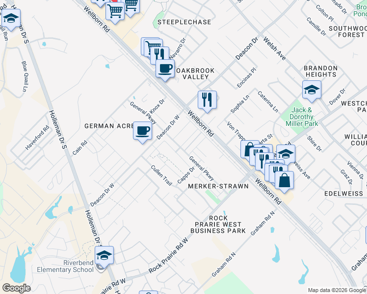 map of restaurants, bars, coffee shops, grocery stores, and more near 140 Tang Cake Drive in College Station