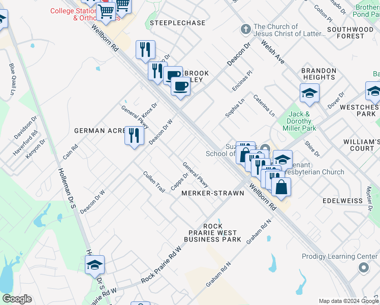 map of restaurants, bars, coffee shops, grocery stores, and more near Wakewell Court in College Station