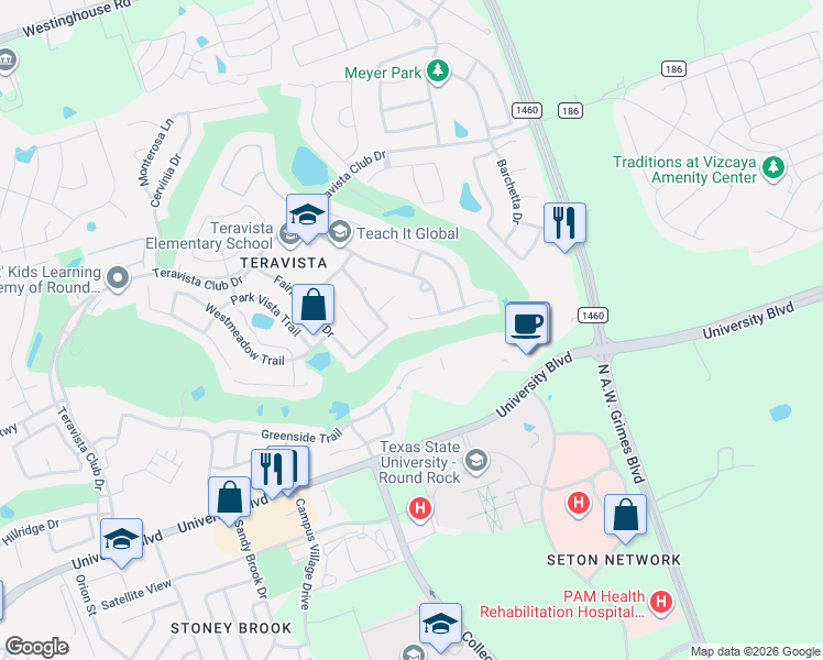 map of restaurants, bars, coffee shops, grocery stores, and more near 1998 Westvalley Place in Round Rock