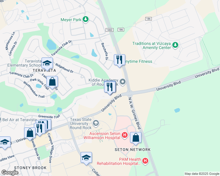 map of restaurants, bars, coffee shops, grocery stores, and more near 1990 University Boulevard in Round Rock