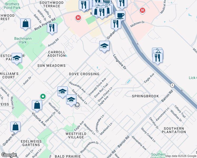map of restaurants, bars, coffee shops, grocery stores, and more near 928 Dove Landing Avenue in College Station
