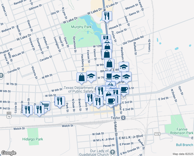 map of restaurants, bars, coffee shops, grocery stores, and more near Vance Street in Taylor