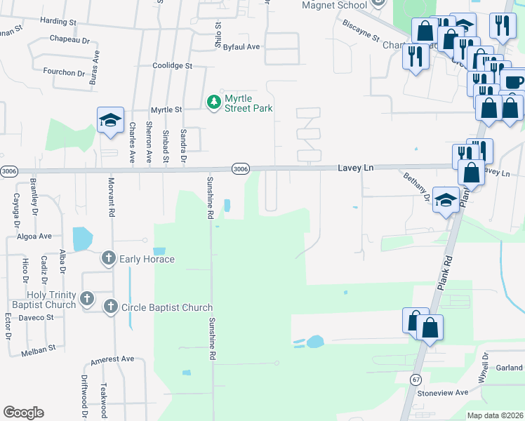 map of restaurants, bars, coffee shops, grocery stores, and more near 71 West Holden Court in Baker