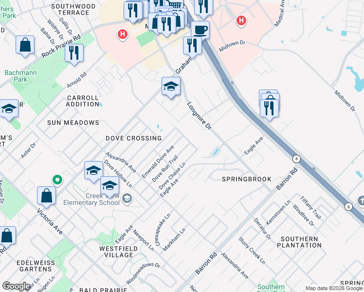 map of restaurants, bars, coffee shops, grocery stores, and more near 1013 Dove Run Trail in College Station