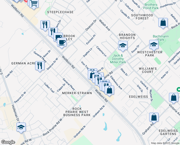 map of restaurants, bars, coffee shops, grocery stores, and more near 3308 Fredrick Court in College Station