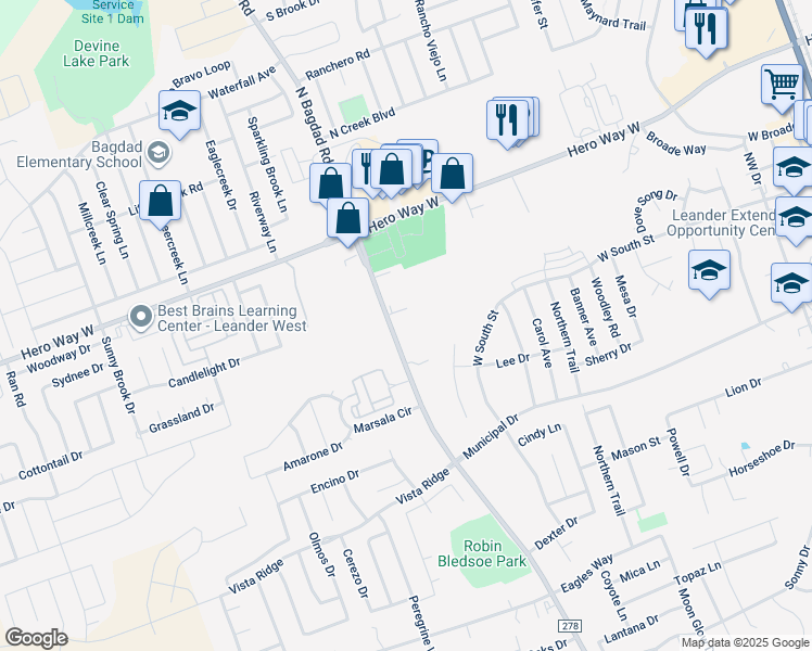 map of restaurants, bars, coffee shops, grocery stores, and more near 190 North Bagdad Road in Leander