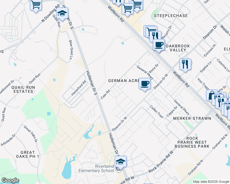 map of restaurants, bars, coffee shops, grocery stores, and more near 3025 Towers Parkway in College Station