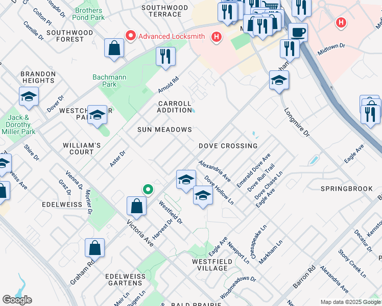map of restaurants, bars, coffee shops, grocery stores, and more near 947 Sun Meadow Street in College Station
