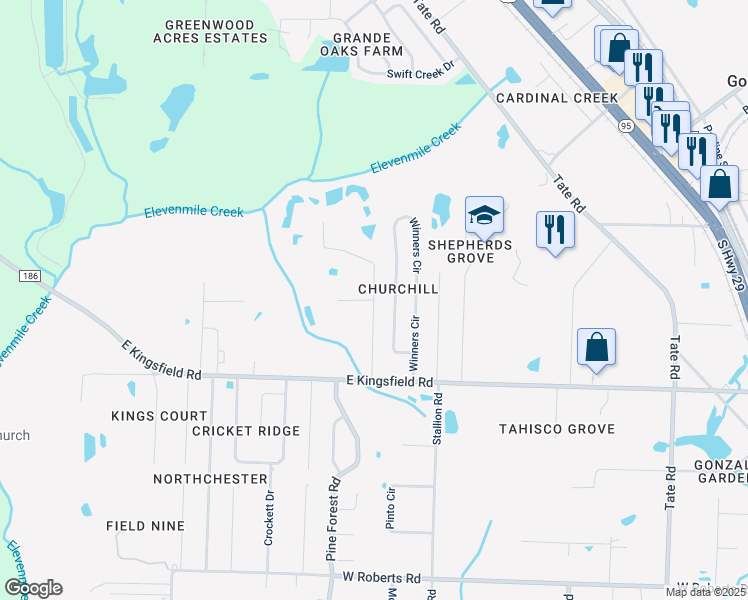 map of restaurants, bars, coffee shops, grocery stores, and more near 2006 Filly Road in Gonzalez