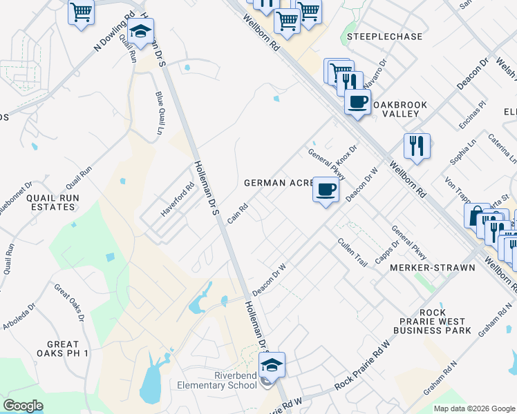 map of restaurants, bars, coffee shops, grocery stores, and more near 3025 Towers Parkway in College Station