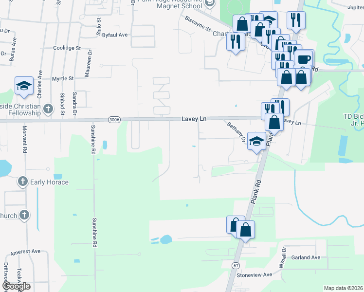 map of restaurants, bars, coffee shops, grocery stores, and more near 13821 Oak Bend Drive in Baker
