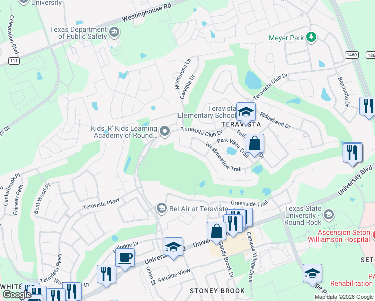 map of restaurants, bars, coffee shops, grocery stores, and more near 1523 Greenside Drive in Round Rock