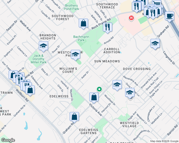 map of restaurants, bars, coffee shops, grocery stores, and more near 715 Brussels Drive in College Station