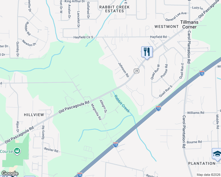 map of restaurants, bars, coffee shops, grocery stores, and more near Old Pascagoula Rd in Theodore