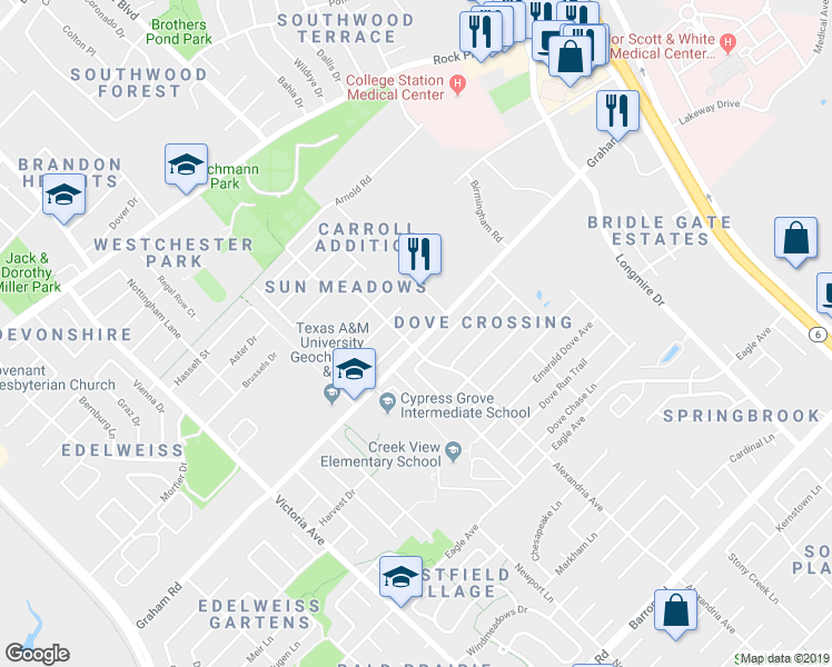 map of restaurants, bars, coffee shops, grocery stores, and more near 901 Whitewing Lane in College Station