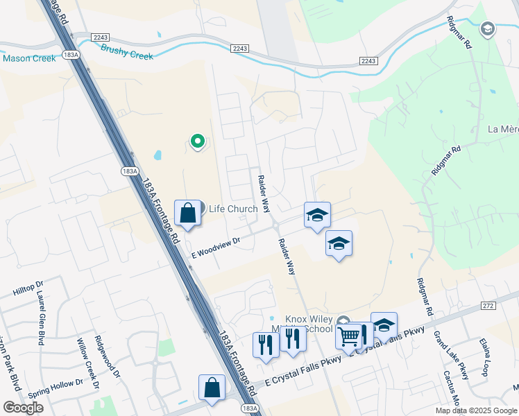 map of restaurants, bars, coffee shops, grocery stores, and more near 1012 Myrna Bend in Leander