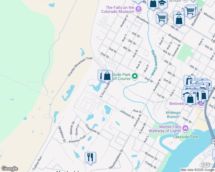 map of restaurants, bars, coffee shops, grocery stores, and more near 217 S Ave South in Marble Falls