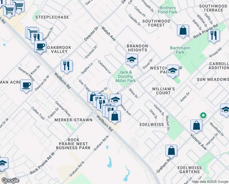 map of restaurants, bars, coffee shops, grocery stores, and more near 342 Landsburg Lane in College Station