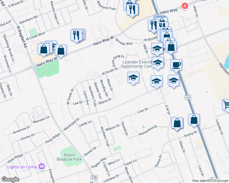 map of restaurants, bars, coffee shops, grocery stores, and more near 604 Sherry Drive in Leander