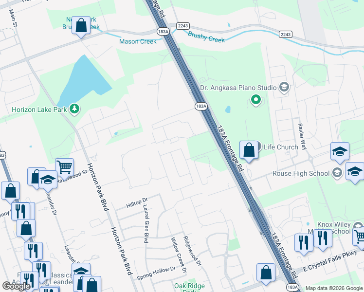 map of restaurants, bars, coffee shops, grocery stores, and more near 800 Anahuac Drive in Leander