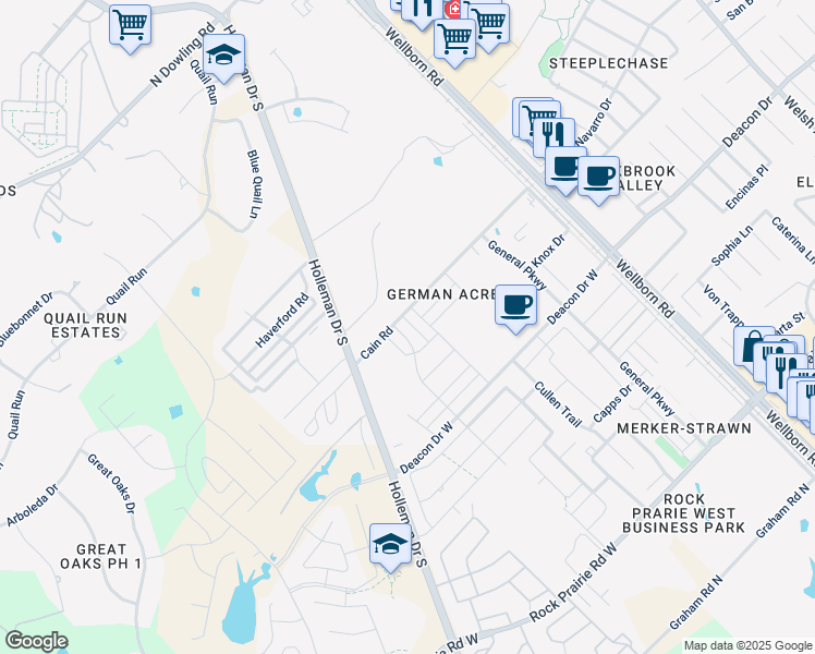 map of restaurants, bars, coffee shops, grocery stores, and more near 3131-3237 Cain Rd in College Station