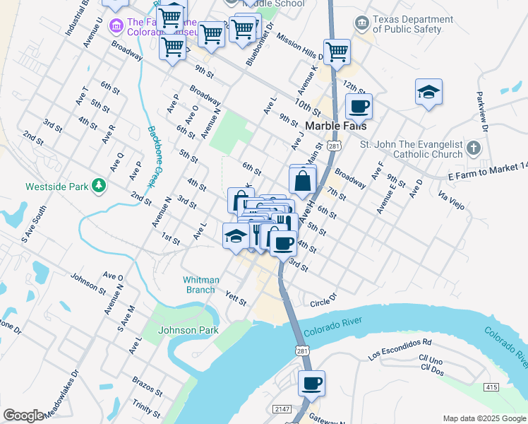 map of restaurants, bars, coffee shops, grocery stores, and more near 318 Main Street in Marble Falls