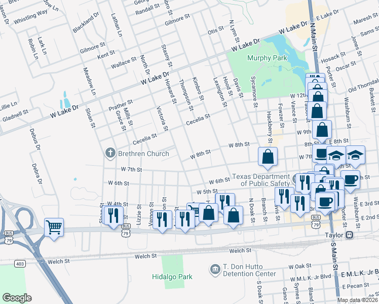 map of restaurants, bars, coffee shops, grocery stores, and more near 1012 West 8th Street in Taylor