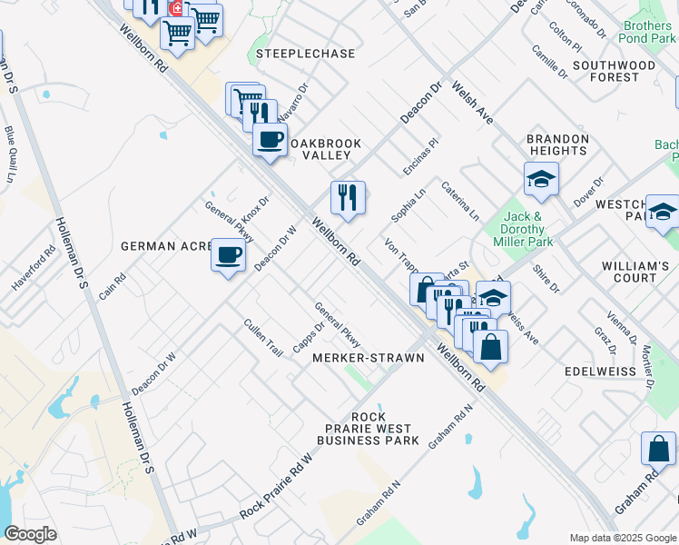 map of restaurants, bars, coffee shops, grocery stores, and more near 3309 Wakewell Court in College Station