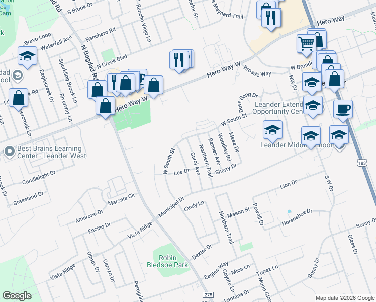 map of restaurants, bars, coffee shops, grocery stores, and more near 109 Carol Avenue in Leander
