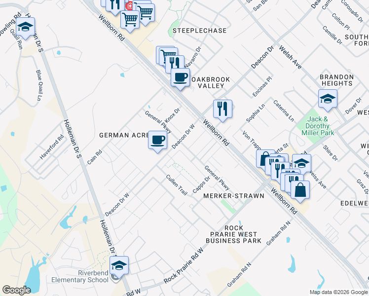 map of restaurants, bars, coffee shops, grocery stores, and more near 3523 General Parkway in College Station