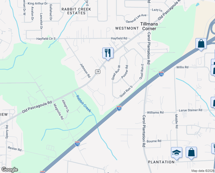 map of restaurants, bars, coffee shops, grocery stores, and more near 5566 Quail Run West in Theodore
